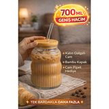 1 Adet Bambu Kapaklı Cam Pipet Hediyeli Cam Bardak Smoothie Kahve Detoks İçecek Bardağı 700 Ml