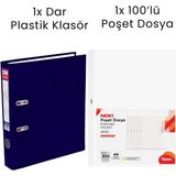 1 Adet Tigra Dar Klasör 1 Adet Noki 100'LÜ Poşet Dosya Ofis Seti - Lacivert