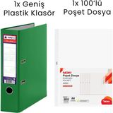 1 Adet Tigra Geniş Klasör 1 Adet Noki 100'LÜ Poşet Dosya Ofis Seti - Yeşil