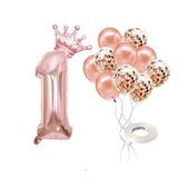 1 Rakam Rose Gold Folyo Balon, Kral Tacı Ve Konfetili Rose Gold Balon