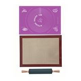 1. Sınıf Fırın Pişirme Altlığı, Mor Ölçülü Hamur Açma Matı 45 X 65 Cm, Bambu Saplı Silikon Merdane Çok Renkli