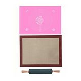 1. Sınıf Fırın Pişirme Altlığı, Pembe Ölçülü Hamur Açma Matı 45 X 65 Cm, Bambu Saplı Silikon Merdane Çok Renkli