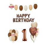 1 Yaş Happy Birthday Kahverengi Folyo Balon Bej Kahverengi Beyaz Doğum Günü Parti Seti
