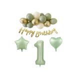 1 Yaş Happy Bırthday Yazılı Banner Su Yeşili Renk Rakam Kalp Yıldız Folyo ve Latex Balon Seti