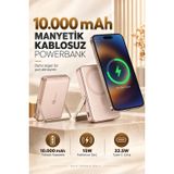 10.000 mAh Manyetik Kablosuz Powerbank 15W, 22.5W Type-C Hızlı Şarj, Katlanabilir Telefon Standlı Taşınabilir Şarj Cihazı, LED Pil Göstergeli, 5W/7.5W/10W/15W Kablosuz Şarj Gold