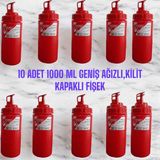 10 Adet 1000 ml Geniş Ağızlı, Özel Kilit Kapaklı, Fişek Sosluk. Kırmızı.ketçap Şişesi, Mayonez Şişesi, Hardal Şişesi, Yağlık, Sirkelik, Limonluk. - 1 lt