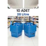 10 Adet - 28 Litre Plastik Market Alışveriş Sepeti Saplı Dayanıklı Market Mağaza El Sepeti Mavi