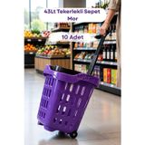 10 Adet - 43 LT Tekerlekli Market Sepeti | Plastik Alışveriş Sepeti Ergonomik Çift Saplı Mor