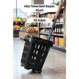 10 Adet - 43 LT Tekerlekli Market Sepeti | Plastik Alışveriş Sepeti Ergonomik Çift Saplı Siyah