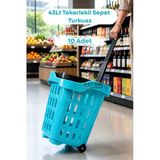 10 Adet - 43 LT Tekerlekli Market Sepeti | Plastik Alışveriş Sepeti Ergonomik Çift Saplı Turkuaz