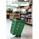 10 Adet - 43 LT Tekerlekli Market Sepeti | Plastik Alışveriş Sepeti Ergonomik Çift Saplı Yeşil