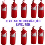 10 Adet 500 Ml,geniş Ağızlı, Özel Kilit Kapaklı Fişek Sosluk Seti. Ketçap Şişesi, Mayonez Şişesi, Hardal Şişesi, Yağlık, Sirkelik,limonluk - Kırmızı
