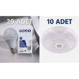 10 Adet Horoz Sensörlü Tavan Armatürü E27 Çift Duy Lu +20 Ampul Setli Ürün - Beyaz