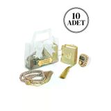 10 Adet İsme Özel Çantalı Mevlüt Hediyelik - Zikirmatik Tesbih Mini Kuranı Kerim Seti - Gold