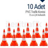 10 Adet Pvc Trafik Konisi 75 Cm Çift Reflektifli Trafik Dubası -