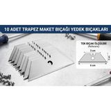 10 Adet Trapez Maket Bıçağı Yedeği - Profesyonel Çelik Yedek Uç - Halı, Karton ve Alçıpan Kesici