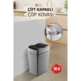 10 L - Çift Kapaklı Slim Çöp Kovası - Dekoratif Ev Ofis Banyo & Mutfak Düzenleyici Çöp Kutusu Gri