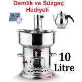 10 Litre Paslanmaz Krom Odunlu Kömürlü Çay Semaveri Odunlu Kömürlü Semaver Demlik Hediyeli Semaver