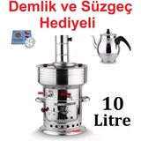 10 Litre Paslanmaz Metal Odunlu Kömürlü Çay Semaveri Büyük Çift Musluklu Demlik Hediyeli Semaver 10