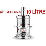 10 Litre Paslanmaz Metal Odunlu Kömürlü Çay Semaveri Büyük Çift Musluklu Odunlu Kömürlü Semaver 10 L
