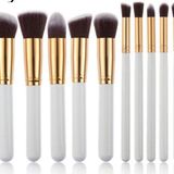 10 Lu Profesyonel Yumuşak Kozmetik Güzellik Makyaj Fırça Set Ahşap Beyaz Saplı