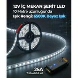 10 Metre 12V 6500K Beyaz Işık Şerit Led + 12V 25A Slim Led Trafosu Hazır Set