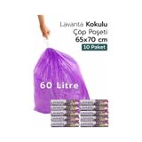 10 Paket Büyük Boy 65x70 Lavanta Kokulu Büzgülü Çöp Poşeti 100 Adet Çöp Torbası 60 Litre