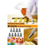 10 Parça Çelik Uçlu Krema Torbası Kek Pasta Süsleme Krema Sıkma Torbası Krema Poşet I