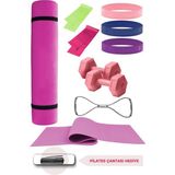 10 Parçalı Tam Donanımlı Pilates Seti–6 mm Pilates Minderi, Dambıl,Aerobik Lateks Bant,Göğüs Lastiği (Pembe)