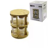 10 Pcs Yuvarlak - Döner Standli Cam - Bambu Kapak Tuzluk - Baharatlik Bambu Stand (5047)