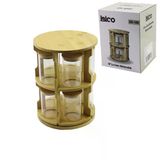 10 Pcs Yuvarlak - Döner Standlı Cam - Bambu Kapak Tuzluk - Baharatlık Bambu Stand BX40