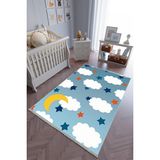 10 Post Online Mavi Sarı Beyaz Kaymaz Oval Kesme 80x225 cm Çocuk Odası Halı