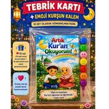 10 Set Kur'an Okuyorum Hediyesi Kur'an Kursu-Hatim Töreni Hatırası Emoji Kurşun Kalem Tebrik Kartı Hediyeli