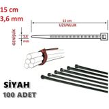 100 Adet 15cmx3,6mm Siyah Plastik Cırt Kelepçe Kablo Bağı
