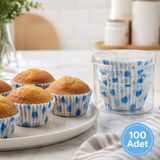 100 Adet Büyük Kağıt Kek Kapsülü – Muffin ve Cupcake Pişirme Kâğıdı, Desenli Büyük Boy Kek Kalıbı, Mavi