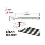 100 Adet Pemsan 25Cm X 3.6Mm Plastik Cırt Kelepçe Siyah