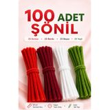 100 Adet Şönil Tel 30 cm Kırmızı Bordo Beyaz Yeşil Tüylü Hobi Teli El İşi ve DIY Çiçek Yapımı