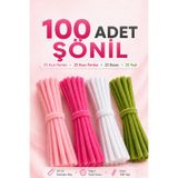100 Adet Şönil Tel 30 cm Pembe Beyaz Yeşil Tüylü Hobi Teli El İşi ve DIY Çiçek Yapımı