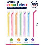 100 Adet Tek Tek Ambalajlı Frozen Körüklü Karma Renkli Plastik Pipet