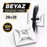 [100 Adet] Yapışkanlı Kroşe Beyaz 28X28 Mm Kablo Bağı Tutucu Sabitleme Klipsi Balon Süs Askı Aparatı