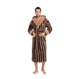 %100 Bambu Erkek Kapüşonlu Çizgili Sabahlık/Bornoz Kahverengi 3XL