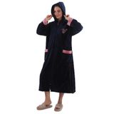%100 Bambu Kadın Fermuarlı Kapüşonlu Uzun Sabahlık Lacivert 3XL