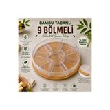 %100 Bambu Tabanlı 9 Bölmeli Çerezlik, Atıştırmalık Sunum Tabağı- Şeffaf Plastik Bölmeli ve Plastik Kapaklı Ahşap