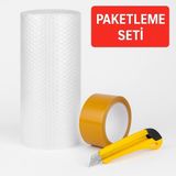 100 cm x 25M Balonlu Naylon + Vege Koli Bandı + Maket Bıçağı Paketleme Seti - 1 Adet - Şeffaf