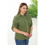 %100 Cotton Büyük Beden Kadın Müslin Kumaş Gömlek - 48 - Haki