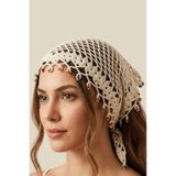 %100 El Örgüsü Boncuklu Bohem Kadın Bandana Saç Aksesuarı Krem