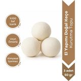 %100 El Yapımı Doğal Keçe Kurutma Topu 3 Adet – 50 Gr( 7-8 Cm) Uzun Ömürlü Ve Kimyasal İçeriksiz