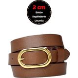 %100 Hakiki Deri, Gold Renk Tokalı 2 cm Açık Kahverengi Kadın Kemeri; Elbise, Pantolon KEMERI_2OVAL - 95 cm