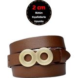 %100 Hakiki Deri, Gold Renk Tokalı 2 cm Açık Kahverengi Kadın Kemeri; Elbise, Pantolon Kemeri_gözov - 115 cm