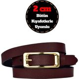 %100 Hakiki Deri, Gold Renk Tokalı Ince 2 cm Bordo Kadın Kemeri; Elbise, Pantolon Kemeri_dikdörtgen - 110 cm